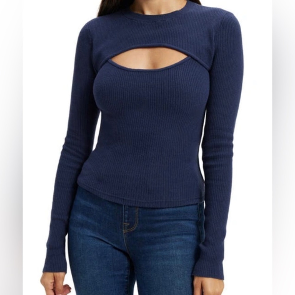 Good American Cutout Rib Top in Blue Rinse